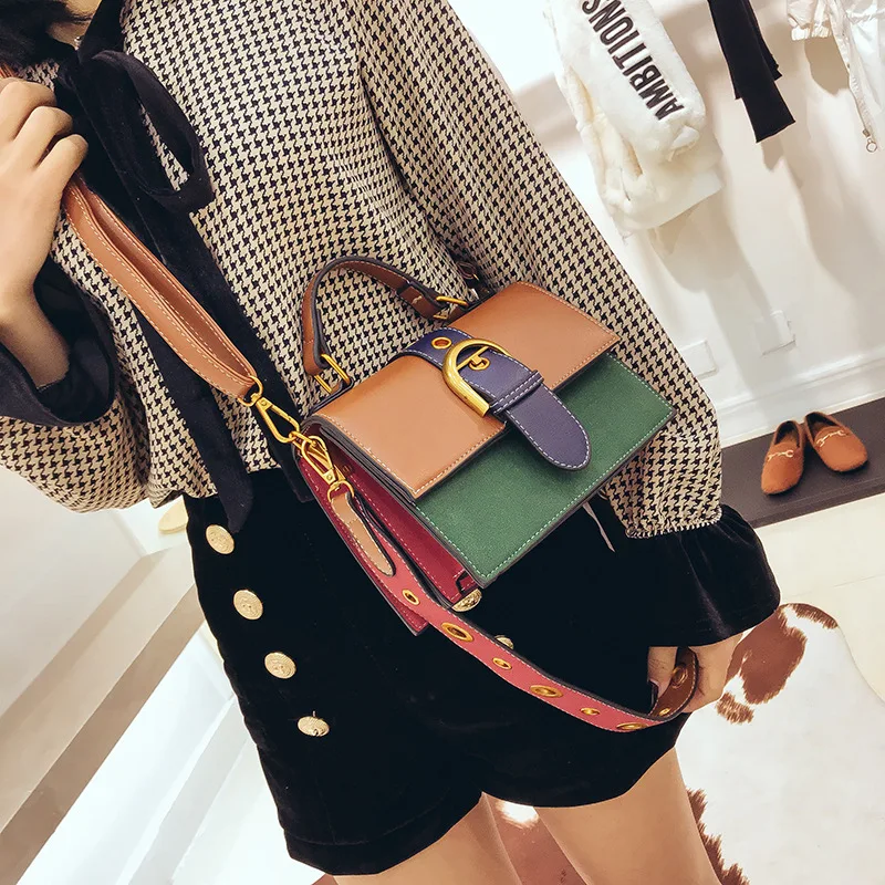 

2019 contrast small square bag horseshoe buckle wide shoulder strap handbag women's bag shoulder Messenger bag