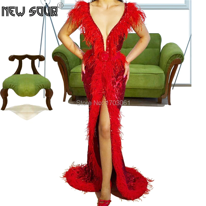 

Shiny Deep V Neck Formal Evening Dresses With Feathers Robe De Soiree Kaftans 2019 Turkish Prom Dress Red Long Party Gowns Dubai