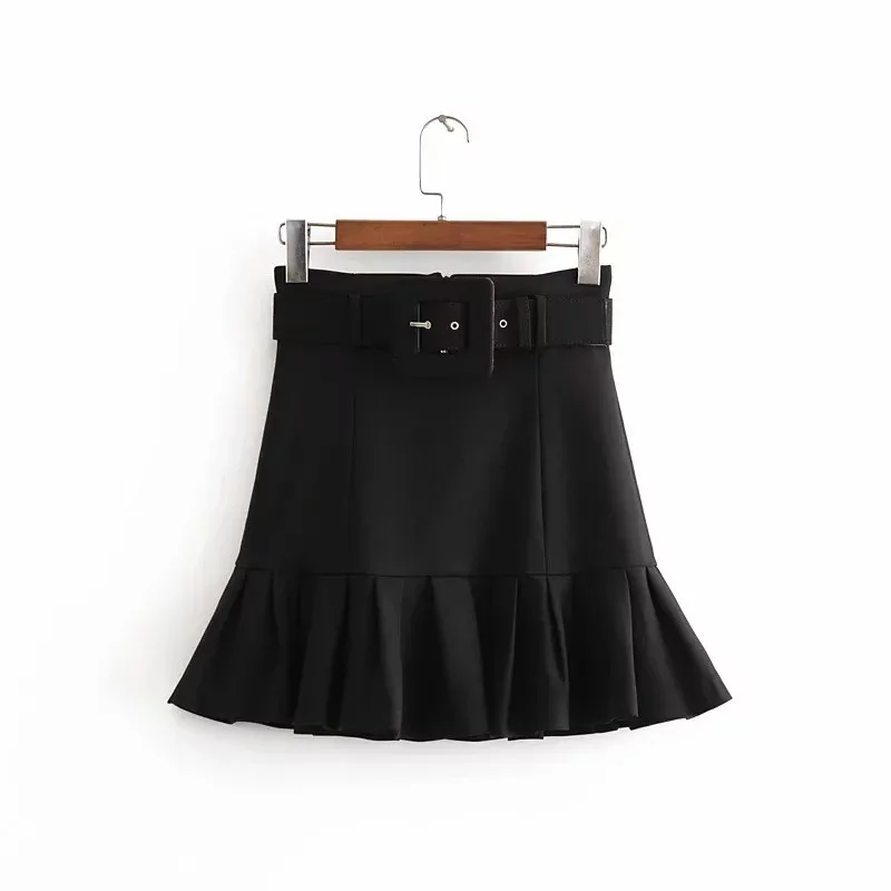 black skirt Весенняя модная плиссированная мини-юбка с подолом Женская однотонная короткая черная юбка с высокой талией женские повседневные юбки с ремнем AN1487 - Цвет: black skirt