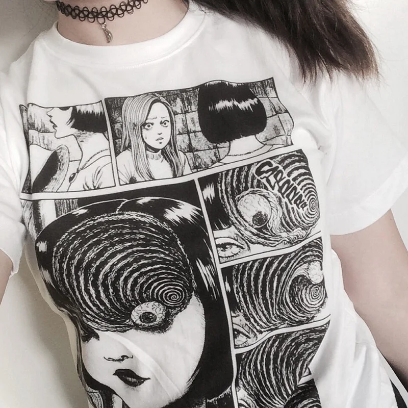 White Tees Junji Ito Horror Manga Uzumaki T-Shirt Women Fashion Tops Grunge Aesthetic Anime Tee Hipsters Harajuku Style T Shirt