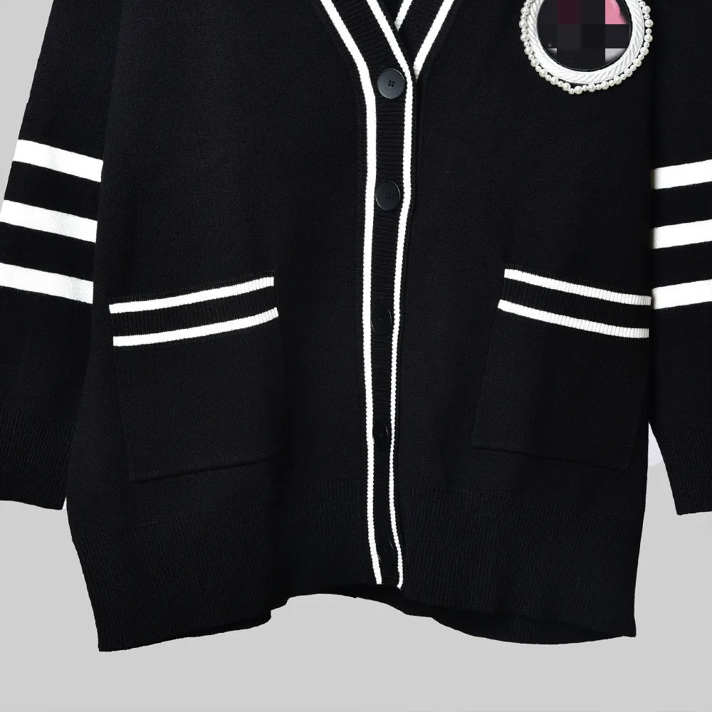Women Sweater Autumn and Winter New Black and White Contrast Color Striped Knit Inlaid Pearl Cardigan Coat