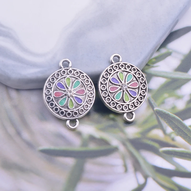 골동품 실버 라운드 커넥터, 에나멜 귀걸이 펜던트 기본 주얼리 결과, 12 개 16x22mm
