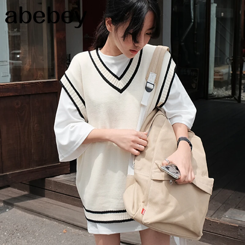 

2020 Spring Autumn Plus Size Sleeveless Vest Women Korean Casual Loose Knit Striped V Neck Sweater Female Girl Pullover White