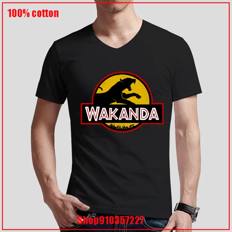 Classic vintage wakanda park Jurassic black panther movies animal parody sci fi V-neck print Men t shirt tops aesthetic clothes | Мужская