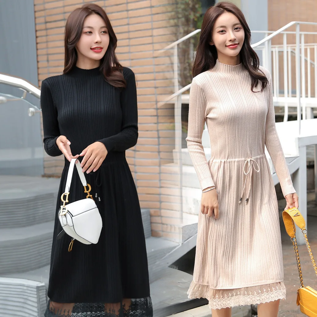 

Mid-length Jersey Dress Lactation Garment Autumn And Winter New Style Slim Fit Slimming Lace Base Nursing Clothes Western Style