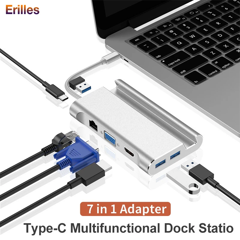 

7 Port USB 3.0 Hub Multi USB C HUB Expander Type C to HDMI Ethernet VGA Dock for MacBook Pro Computer Accessories USB Splitter