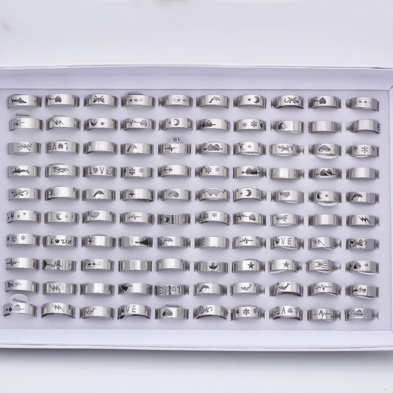 100Pcs/Lot Stainless Steel Star Moon Heart Butterfly Hollow Rings for Women and Men Wholesale Mix Style Silvery Couple Jewelry