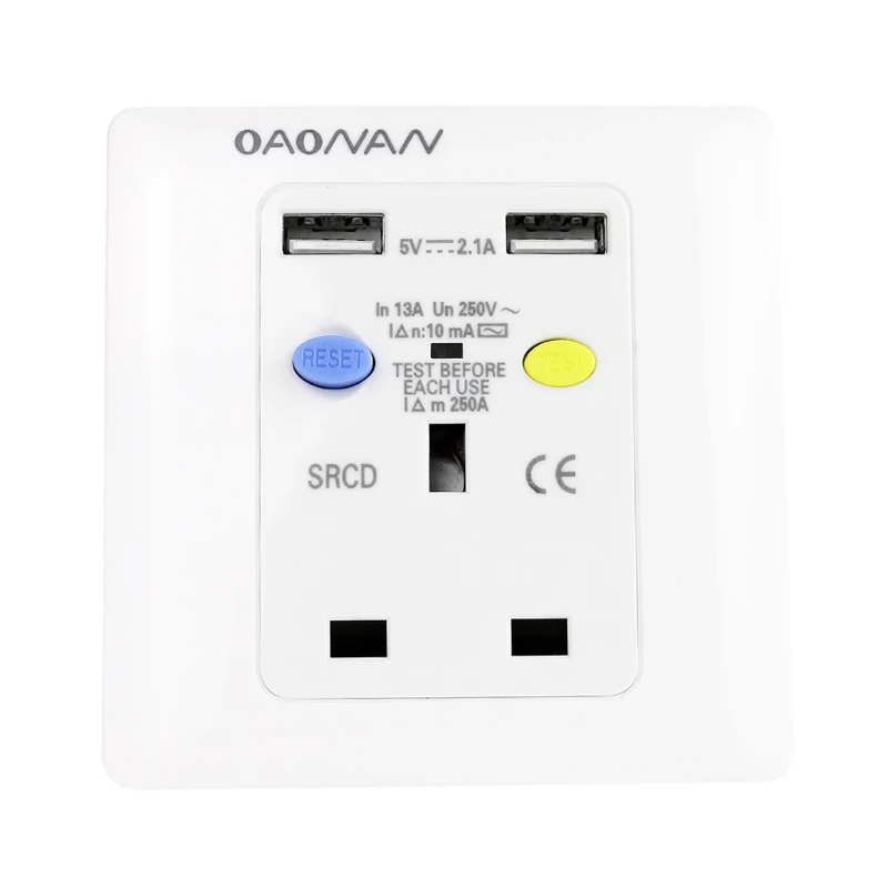 

British Standard Leakage Protection Socket, 13A 250V UK Wall Socket with USB, Residual Current Protector