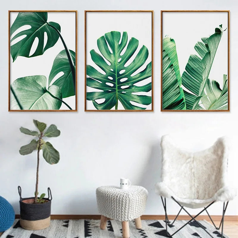 

Free Shipping 3Pcs Modern Simplicity Canvas Paintings, Green Plant Palm Leaf Pictures, Wall Art Canvas for Living Room Decor