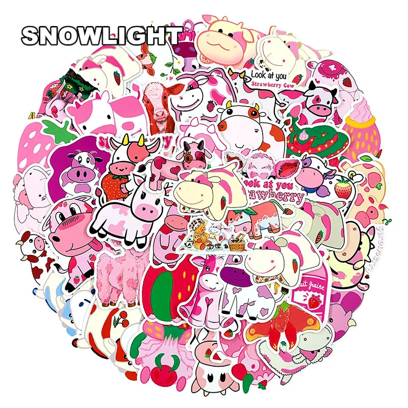 10/30/50pcs/set Pink Cartoon Kawaii Strawberry Cow Waterproof Stickers For Diy Suitcase Laptop Mobile Kid Toys Sticker