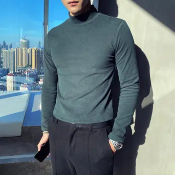 

2020 Autumn And Winter New Youth Popular Solid Color Slim Half High Neck Long Sleeve T-shirt Fashion Casual All-match Pullover