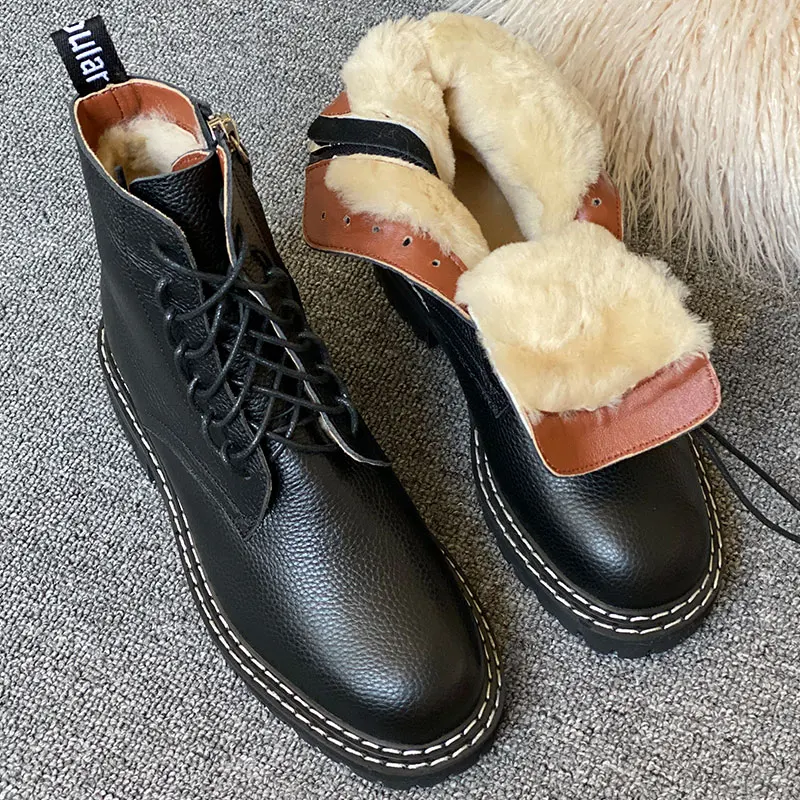 Tanie Donna in zimowe platformy botki dla kobiet z futra prawdziwej skóry zasznurować ciepła wełna pokryte moda czarne botki motocyklowe