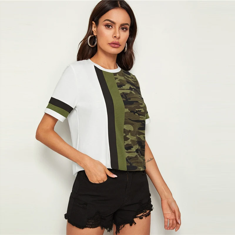 SweatyRocks цветной блок Камуфляжный топ с декоративной полосой для женщин летние уличные футболки повседневные женские топы с коротким рукавом для отдыха