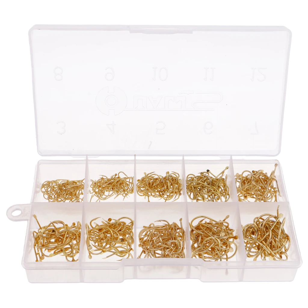 500pcs/set Sharp Fishing Hooks Barbed Hooks Gold Fishhooks 3-12# with Box Super Sharp and Durable Fishhooks