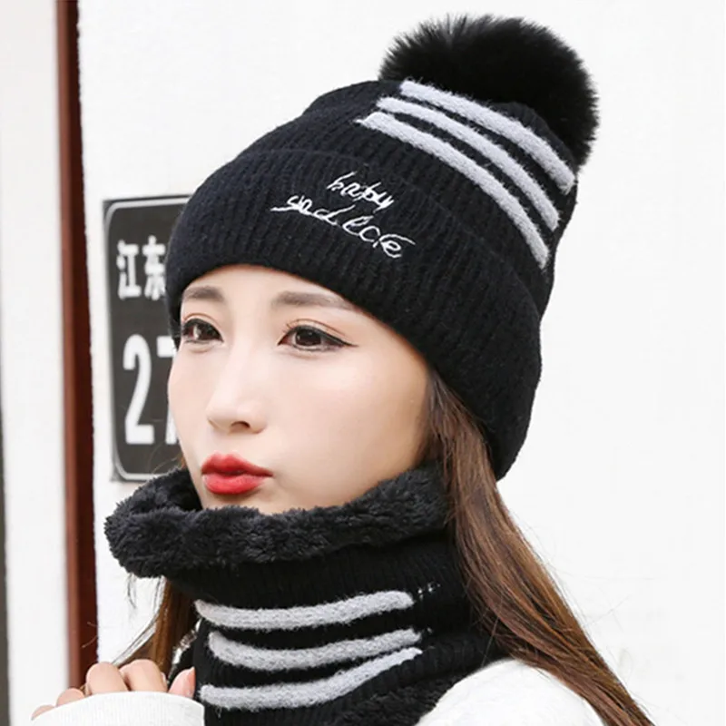 

SILOQIN Two-piece Suit Neck Bib Knitted Woolen Hat Winter Women's Plus Velvet Thicken Warm Beanies Trendy Ladies Ski Sports Caps
