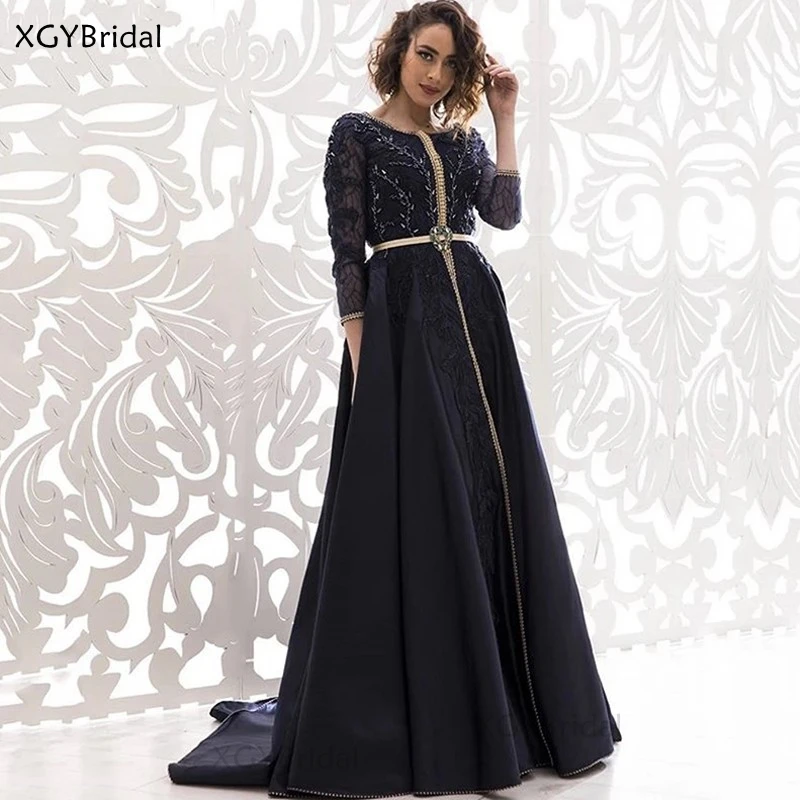 Новинка черные марокканские вечерние платья Caftan кружевные вышитые бисером с