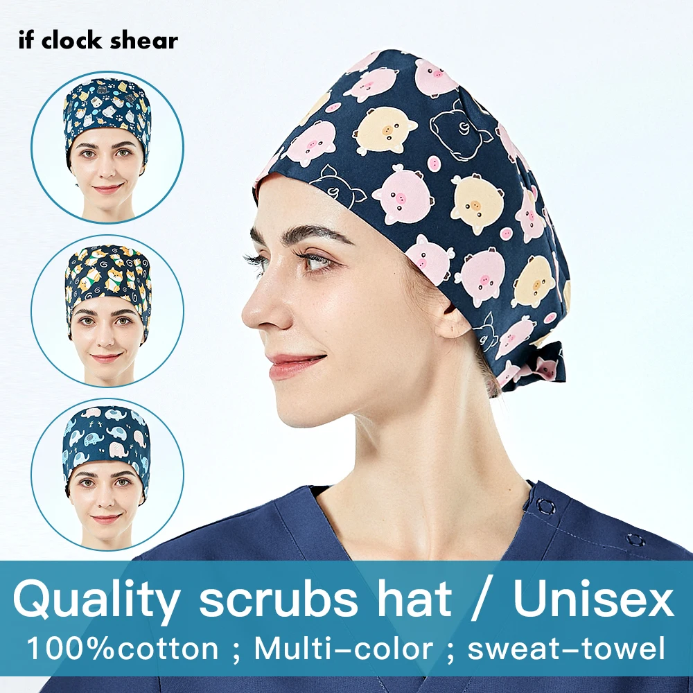

Unisex pet grooming scrub working hats Adjustable Tooth beauty work accessories Cotton printing Scrubs women caps with sweatband