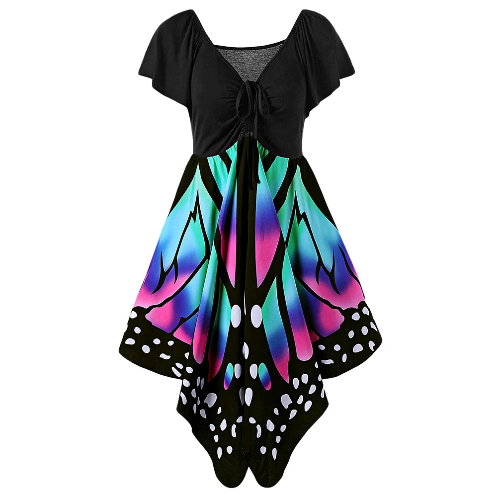 

Rosegal Plus Size Elegant Dress Butterfly Print V Neck Short Sleeve Women A Line Dress Ladies Vacation Lace Up T-Shirt Dresses