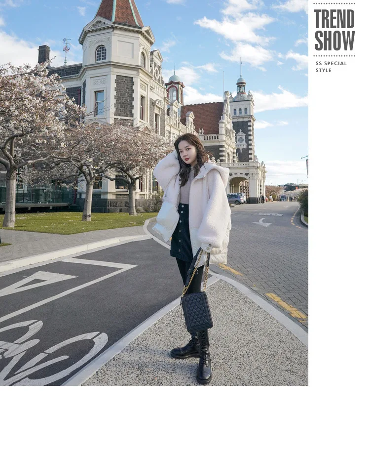 Фото фотосессия основной толчок шикарный ягненка шерсть Off-white свободный крой с капюшоном на шнуровке молнии сустава макет Двухсекционный Хлопок пальто женщин