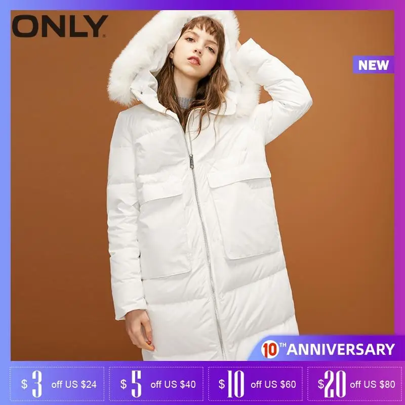 

ONLY spring fur collar hooded long down jacket women| 118312521