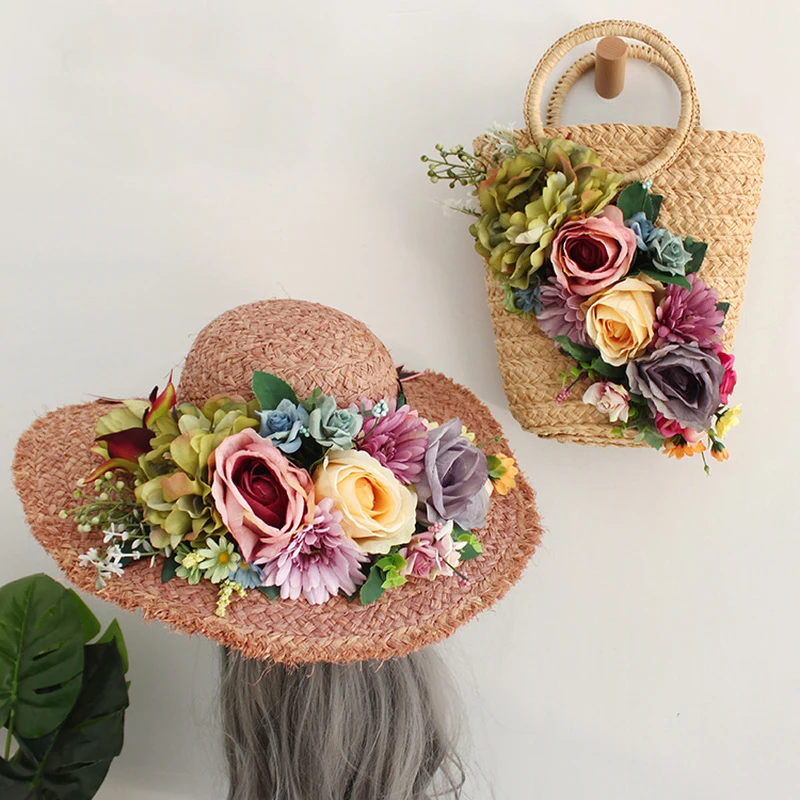 

Fashion Weaving Beach bag for women Handmade Flowers totes with Raffia weaving Hat 2021 Summer New arrived Straw Bag set