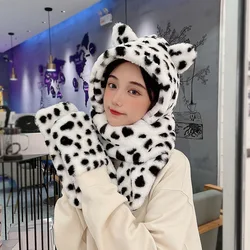 Plush Bear Hat Scarf Three Piece Set Female Winter Leopard Spotted Lovely Warm Hat Scarf Gloves in One