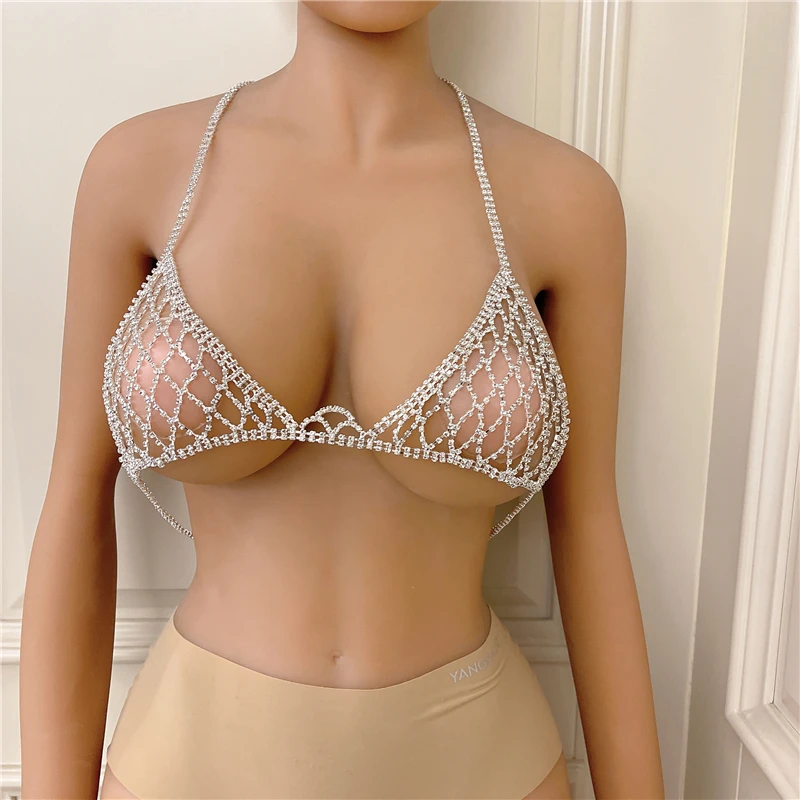 Luxury Crystal Mesh Bikini Bra Chest Belly Body Chains Jewelry for Women Rhinestone Body Chain Necklace Bra Jewelry Gift