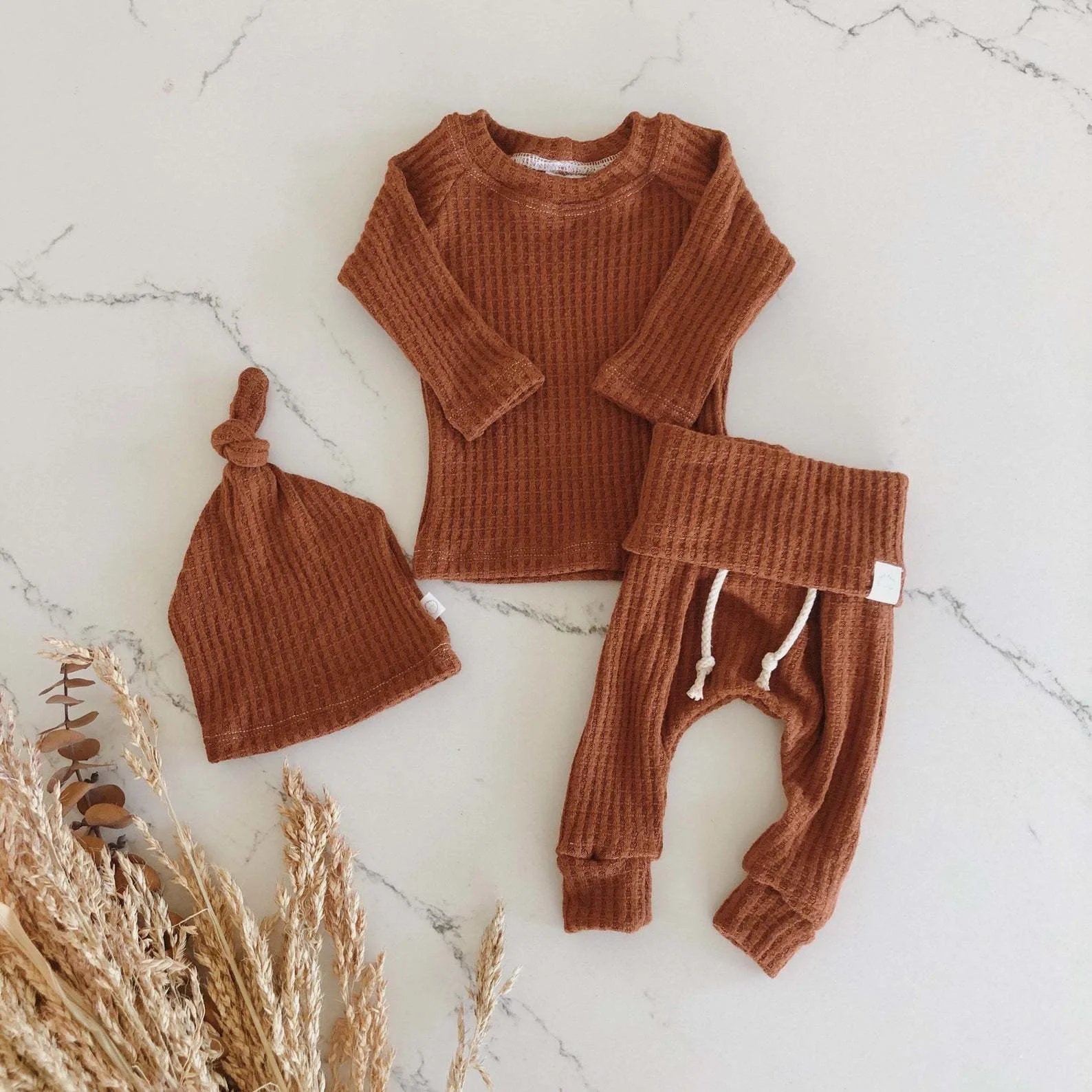 Autumn Winter Waffle Baby Outfit Neutral Baby Girls Boys Long Sleeve Clothes Pant Beanies Soft Home Outfit Ropa Bebe 3pcs/set Baby Clothing Set for girl