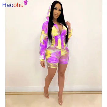 

HAOOHU Tie Dye Two Piece Set Tracksuit Women Summer Clother Matching Sets Crop Top Biker Shorts Sweat Suits Sexy Club Outfits