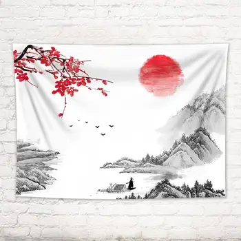 

Red Sun Tower Flower Pattern Polyester Tapestry Chinese Landscape Painting Art Wall Hanging bedroom Living Room Decor Crafts