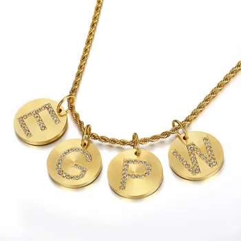

Round 316L Stainless Steel 26 Letter Initial Crystal Necklace Gold Silver Tone Alphabet Disc Choker Chunky Necklace for Women