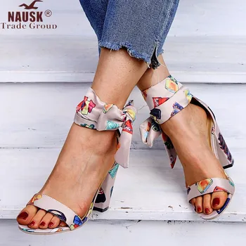 

Flock High Heel Summer Ribbon Sandals Vintage Black Fashion Ankle Strap Pumps Bow-knot Casual Shoes Woman Shoes Sandalias Mujer