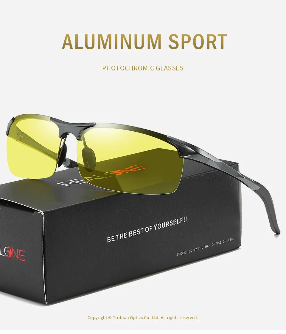 Mens Photochromic Polarized Glasses for Driving Anti Glares Day Night Vision Goggles Yellow To Gray Aluminum Sports Eyewear 5933