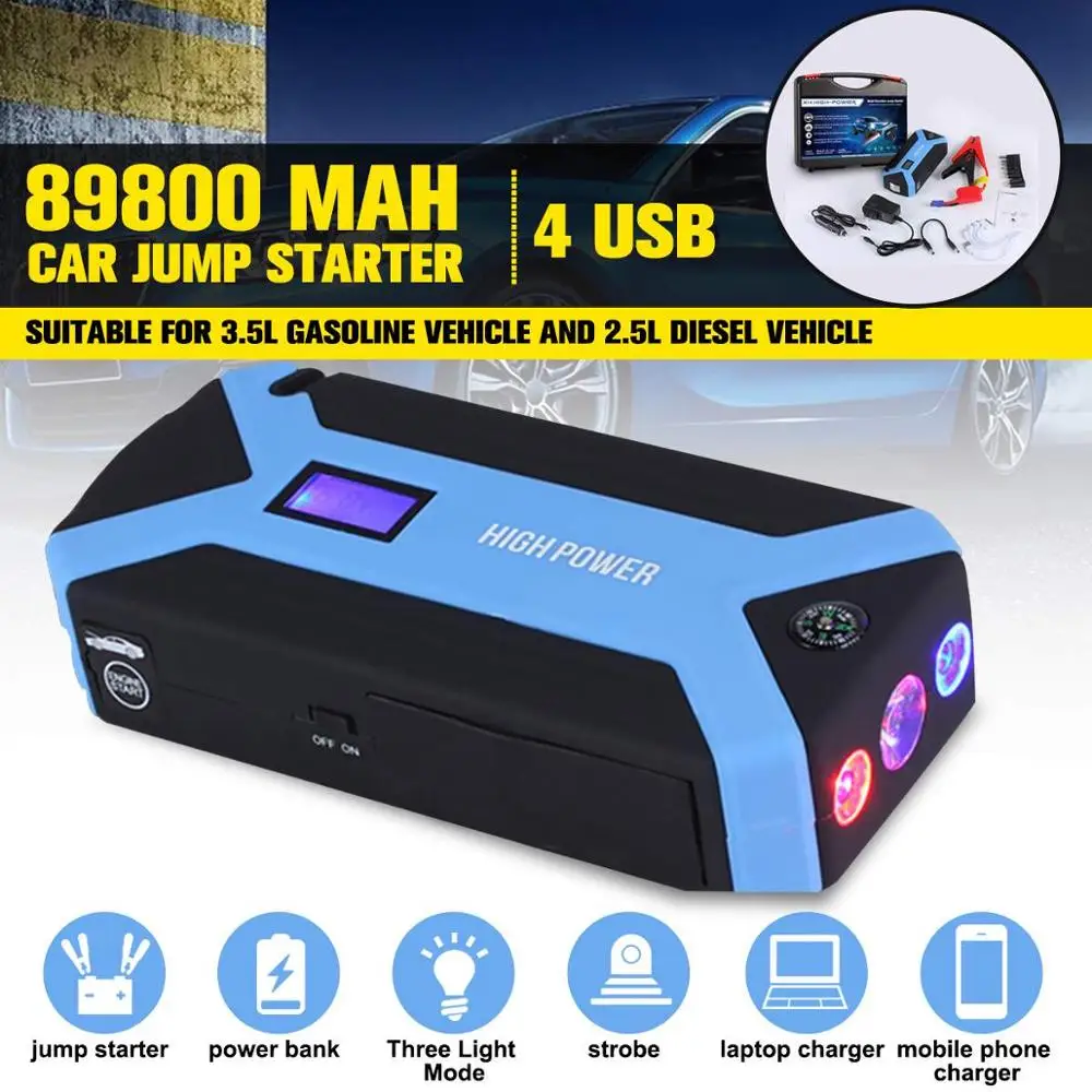 Аварийное автомобильное пусковое устройство power Bank 89800mah 12V 4USB портативный пусковой усилитель устройства стартер автомобиля для автомобильного зарядного устройства - Цвет: Blue