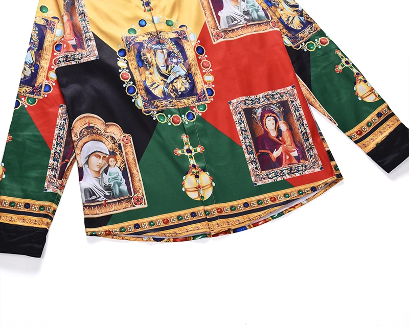 Печатные пресвенных Девы mary religion Рубашки цвет сращивания характер крест желтый блузка с длинным рукавом мужская рубашка