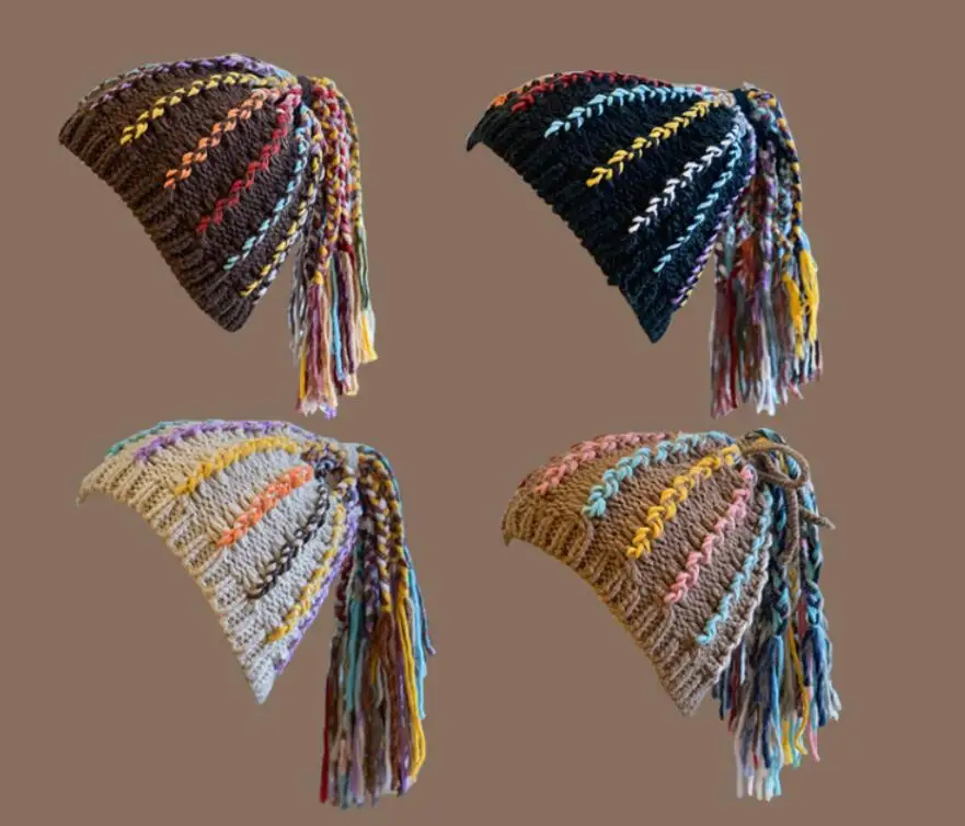Arco-íris para Meninas Chapéu de Inverno com Cauda Gorro Artesanal Colorido Multi Borlas Grossas Perucas 2022 1 Cheap Gorros