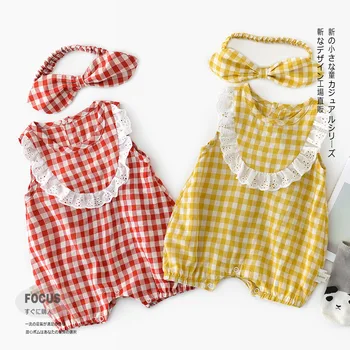 

summer Baby Girls Lace Romper Set short Sleeve glaid Onesie with bow Headband newborn clothing for 6-12M