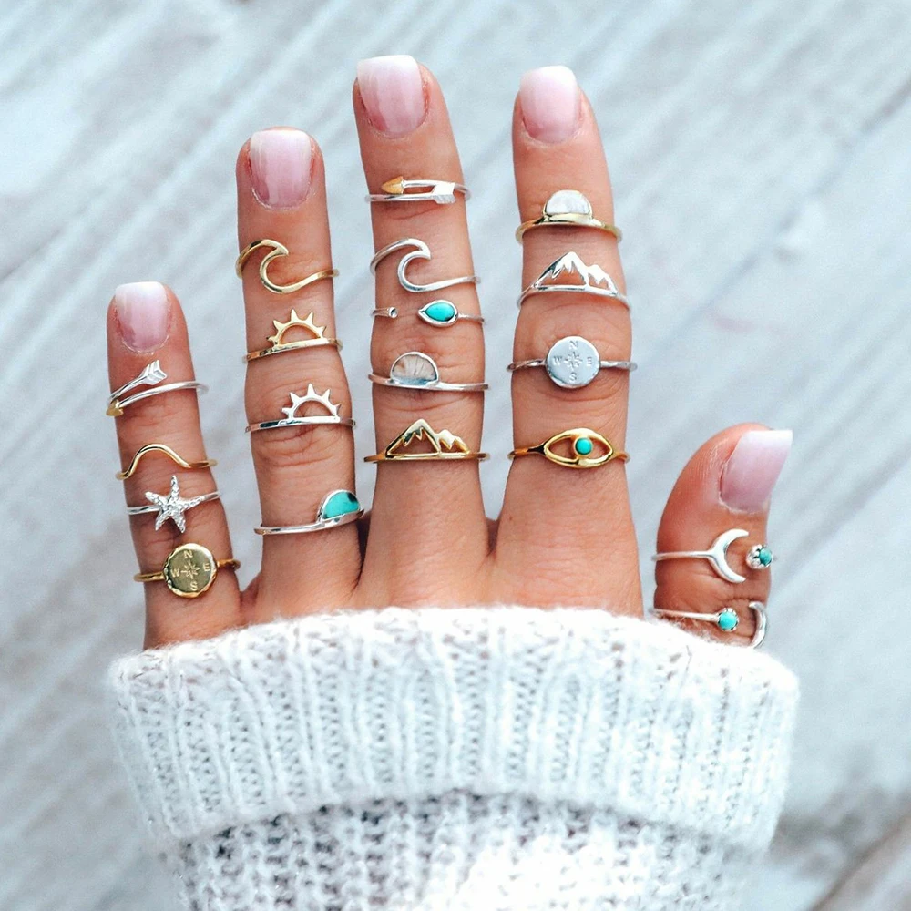 

Creative Women Rings Arrow Compass Sun Peak Eye Moon Opening Joint Gold and Silver Ring Set Fashion Wedding Party Jewelry Gifts