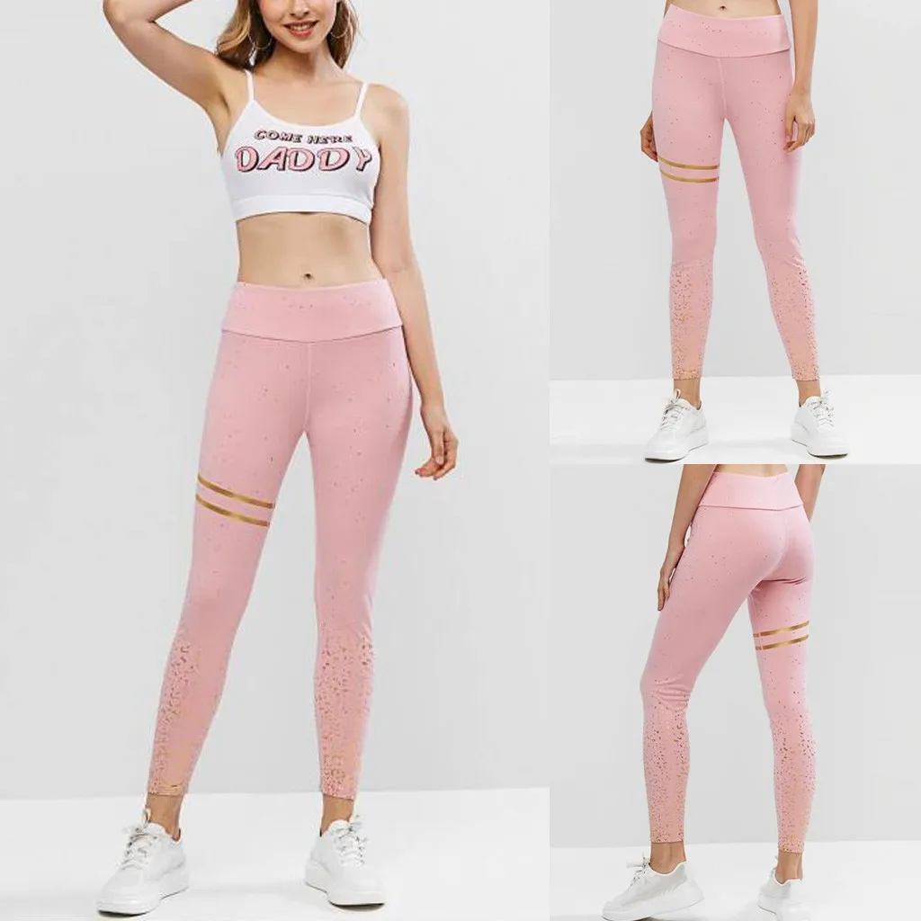 Женские штаны для йоги с высокой талией розовые бронзовые Леггинсы принтом