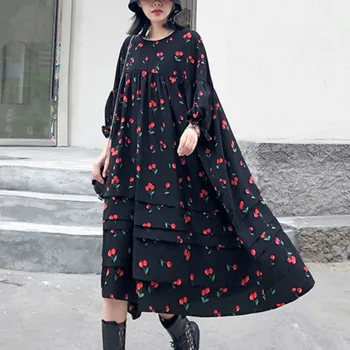 

Elegant Chiffon Dress Women Black Cherry Print Big Size Dress New Bandage Casual Dress for Party Female Vestidos Summer LT164S50