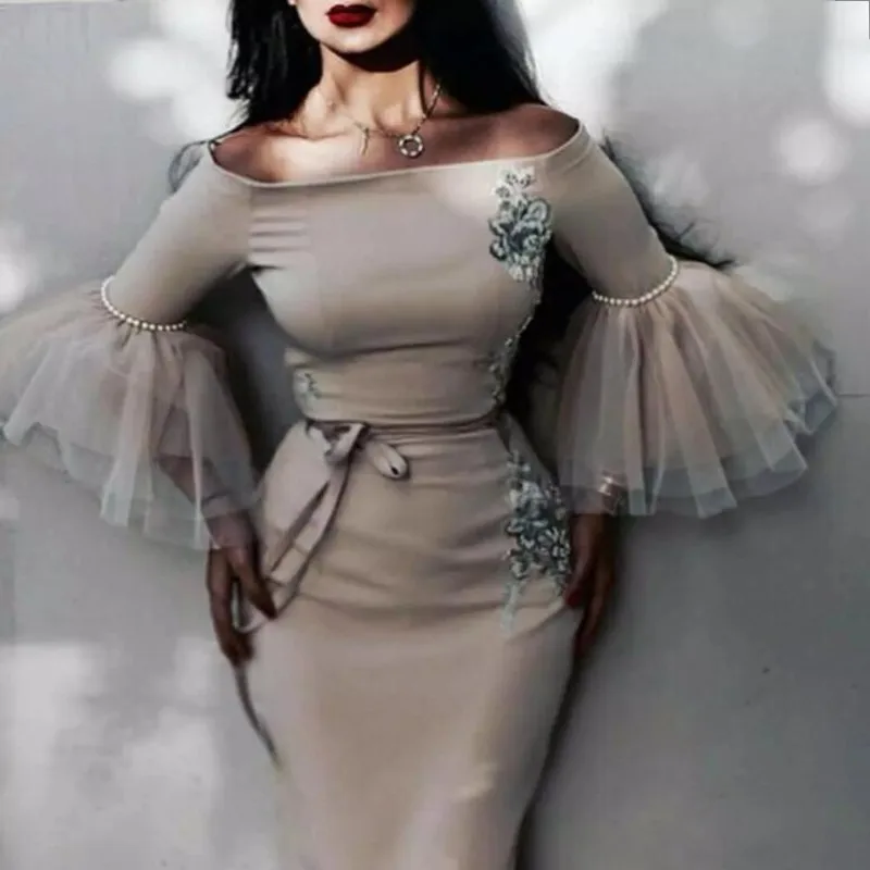 

Saudi Arabic Mermaid Evening Dresses Three Quarter Sleeves Appliques Pearls Formal Party Gowns Off The Shoulder Prom Dresses