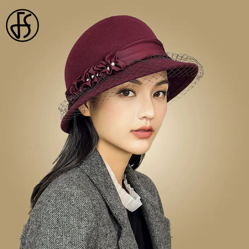 FS Winter Black Wool Felt Fedora Hat With Veil Flower Pearl Wide Brim