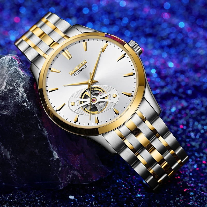 gold silver NAKZEN, Мужские автоматические механические часы, Япония, Move, мужские брендовые роскошные часы, сапфир, нержавеющая сталь, наручные часы, Relogio Masculino - Цвет: gold silver