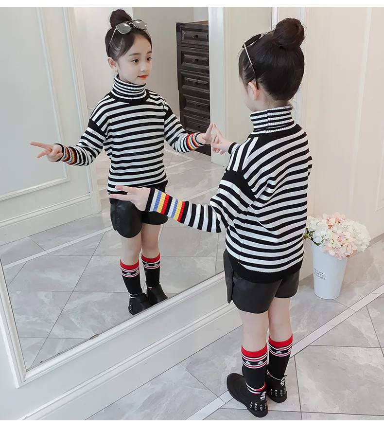 Children's Turtleneck Sweater Baby Girl Red Black Korean Style Pullovers Knitted Striped Sweaters Toddler Kids Fall Top Clothes