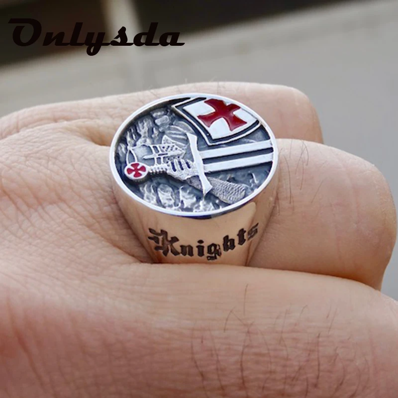 Stainless Steel Ring Finger Ring Men's Rings Stainless Steel Red Armor Shield Knight Templar Crusader Cross Ring Punk Jewelry