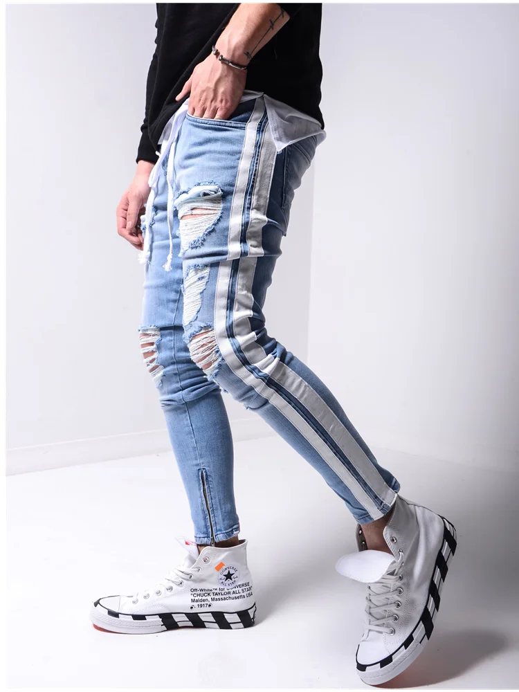 vaqueros ajustados para hombre, Jeans de estilo Hip Hop con raya lateral, ajustados, con agujeros en la rodilla _ - AliExpress Mobile