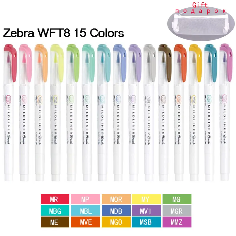 

15Colors Zebra MildLiner Highlighter Set Japanese Stationery Original WFT8 Double Headed Soft Brush Markers for Painting Marking