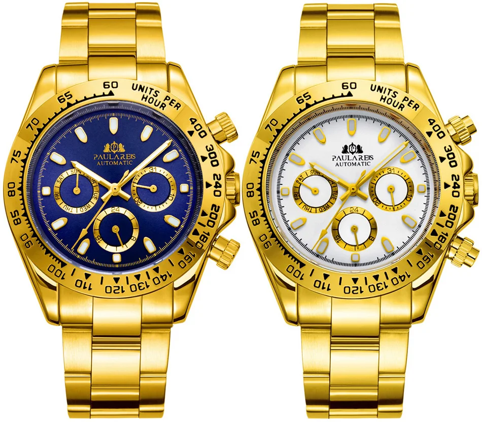 Orologio automatico a carica automatica, meccanico in oro, acciaio inossidabile, ghiacciaio, quadrante blu ghiaccio, lunetta marrone castagna, da uomo luminoso_voghion.com