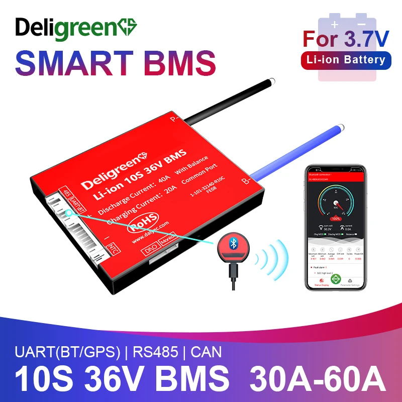 

BMS 10S Smart BMS 30A 40A 60A UART 485 Bluetooth CAN BT for 36V Li-ion Battery Pack Energy Storage With Balance