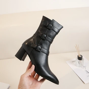 

Popular poined Toe Women buckle Ankle Boots Warm Short Boots Quality Cow Leather Elegant Female Chelsea Boots size 41 42 43